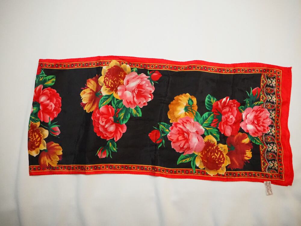 Vintage Worthington 100% Silk Scarf 48x12 Red Black Floral Rose Japan